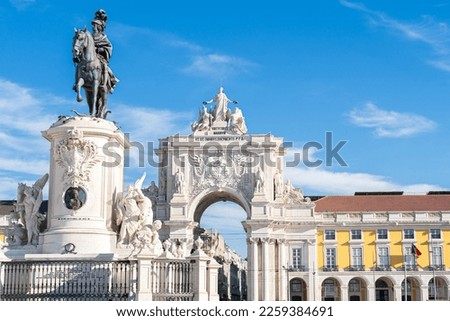 Views of Praça do Comércio and arch of the Rua Augusta in the background in Lisbon. Portugal.