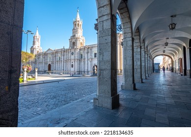 views of famous arequipa cathedral in plaza de armas, peru
