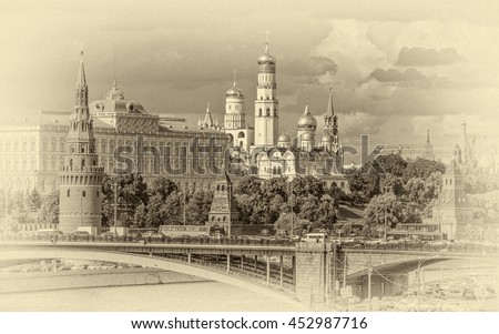 Views of the Grand Palace, the Church and towers of the Moscow Kremlin - Russian Federation (stylized retro)