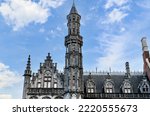 Views of the Historium tower on the market square in Bruges, Belgium