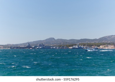 views of Mediterranean coast from sea, warships, Toulon, France