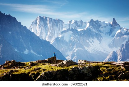 Views of the Mont Blanc glacier with Lac Blanc (White Lake). Popular tourist attraction. Picturesque and gorgeous scene. Location place Nature Reserve Aiguilles Rouges, Graian Alps, France, Europe.