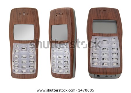 Views of a simple modern wireless cell-phone with wood-grain casing