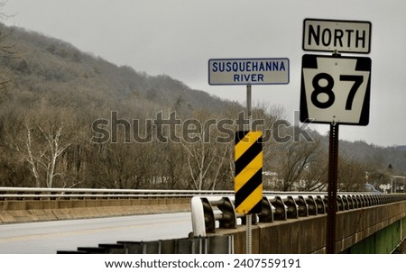 Views from the state road 87 crossing the Susquehanna bridge in Mehoopany Wyoming County Pennsylvania on a rainy cold day 