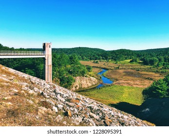 The views of Thomaston Dam and portions of the Naugatuck River Valley located on the scenic Naugatuck River in Thomaston Town Connecticut United States.  