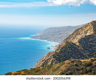Views of the West Coast of Catalina island with deep blue and aqua water, seen from the Trans Catalina Hiking Trail