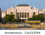 Vigado Concert Hall and Danube river waterfront in Budapest, Hungary.