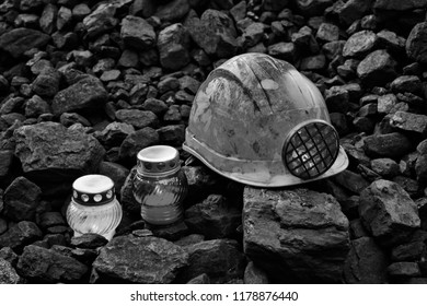 Vigil Light, Candle With Mining Helmet On Cheap Of Coal After The Fatal Accident In The Mine