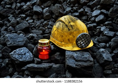 Vigil Light, Candle With Mining Helmet On Cheap Of Coal After The Fatal Accident In The Mine