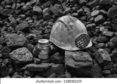 Vigil Light, Candle With Mining Helmet On Cheap Of Coal After The Fatal Accident In The Mine