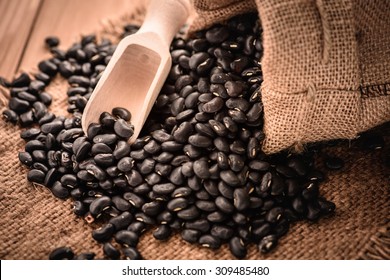 Vigna mungo or black beans with wooden spoon