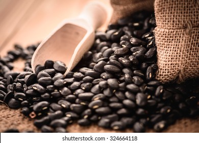 Vigna Mungo Or Black Beans With Wooden Spoon