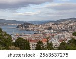 Vigo. View of the city of Vigo from Spain. View of the Atlantic coast. Atlantic Ocean. Background photo. Digital image. Panoramic view with drone. Aerial view of the port of the Spanish city of Vigo.