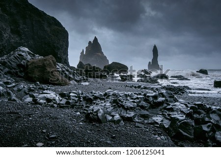 Vik and Basalt Columns, Black Sand Beach in Iceland.