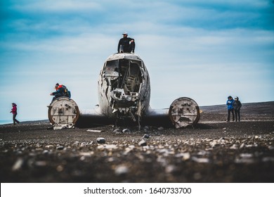 Vik Iceland - July 2019: Plane wreck on Solheimasandur beach in Iceland, Europe. DC3 Plane wreck details.