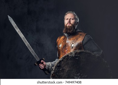 Viking dressed in Nordic armor holds a shield and silver sword.