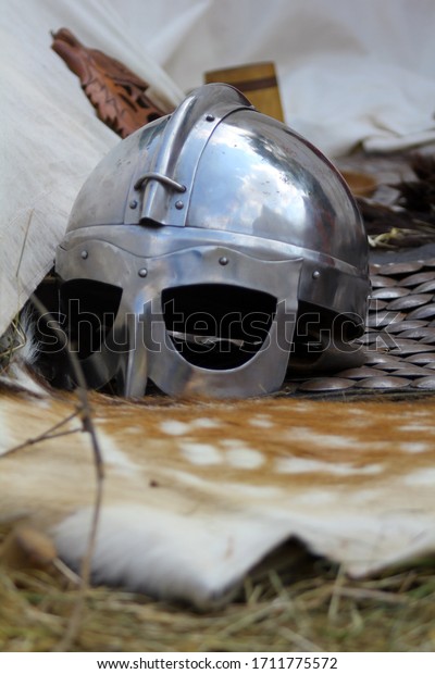 Viking helmet on animal\
leather