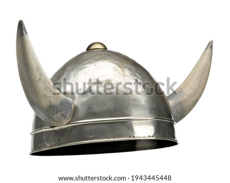 Viking metal helmet with horns, isolated on white background 