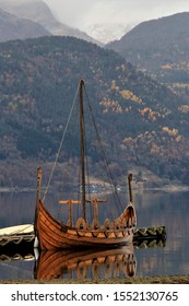 Viking Ship In Beautiful Norwegian Fjord Landscape