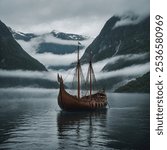 Viking Ship by a Misty Fjord: A wooden Viking ship docked by a fjord, surrounded by mist and tall mountains.