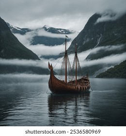 Viking Ship by a Misty Fjord: A wooden Viking ship docked by a fjord, surrounded by mist and tall mountains.