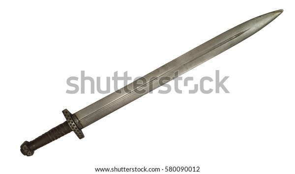 バイキング剣中世ノルマンがロシアの冷たい鋼鉄の刃を切り 両刃の鍛えられたナイト ウォリアーを切り倒す の写真素材 今すぐ編集