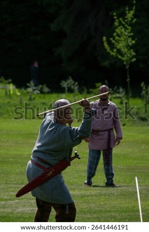 Viking throwing a spear at another viking in a field