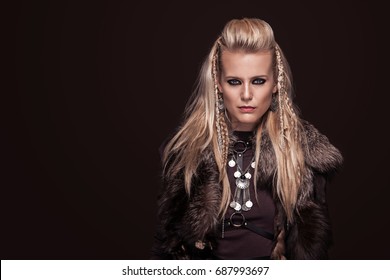 Viking Woman In A Traditional Warrior Clothes.