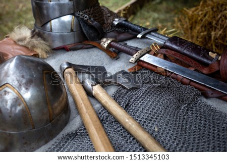 Viking-era weapons, replicas on table Lithuania