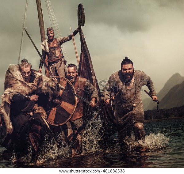 Vikings Warriors Attack Running Along Shore Stock Photo (Edit Now ...