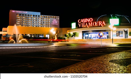 Vilamoura, Portugal - June 1st, 2018: Entrance to Casino Vilamoura, which enjoys a privileged location, being a centre of tourist attraction par excellence, in the heart of the Algarve animated nights
