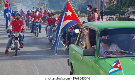 Villa Clara, Cuba, April 25 2021 : Caravan And Protest Against US Blockade Imposed On Cuba For 60 Years 