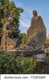 VILLA OF GUADALUPE, MEXICO CITY, DECEMBER 02, 2017.Sculpture Of Juan Diego And Fray Juan De Zumarraga In The Gardens Of The Villa Of Guadalupe.