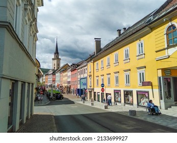 Villach, Austria - 08.30.2021: Hauptplatz street in town center with colorful houses