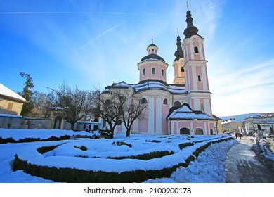 Villach, Austria - December 21 2021: heilige kreuz church, a baroque style in Villach, Austria.