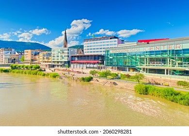 Villach - July 2020, Austria: Cityscape of the small Austrian city of Villach and the Drau river