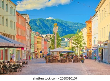 Villach - July 2020, Austria: view of the main street and square of the small Austrian town of Villach