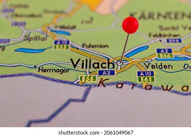 Villach pinned on a map of Austria. Map with red pin point of Villach in Austria.