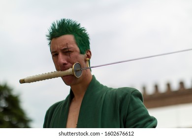 Villafranca Castle, Verona - Italy / June 09 2019 - COMICSFEST : Free Cosplay Manga Steampunk Robot Event In Italy- Roronoa Zoro One Piece