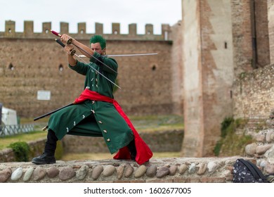 Villafranca Castle, Verona - Italy / June 09 2019 - COMICSFEST : Free Cosplay Manga Steampunk Robot Event In Italy- Roronoa Zoro One Piece