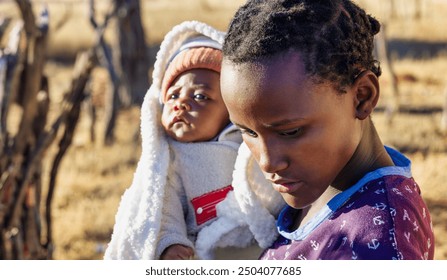 village african people, young girl holding a baby, unwanted teenage pregnancy, braided hair - Powered by Shutterstock