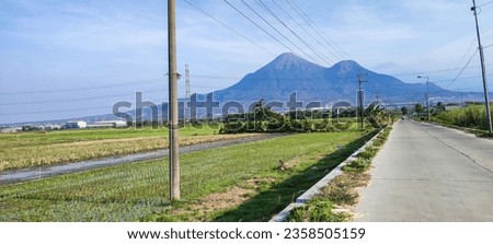 Village asphalt road with marvelous Penanggungan mountain view with blue sky and green rice fields. Beautiful landscape of rural nature. Mojokerto, East Java, Indonesia.