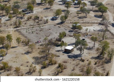 Village close to the Okavango Delta, Botswana. Aerial view picture.