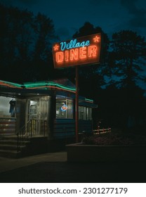 Village Diner vintage neon sign at night, Milford, Pennsylvania