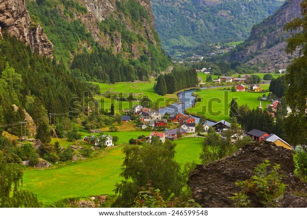 Village\
in Flam - Norway - nature and travel\
background