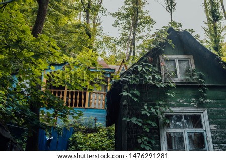 Village house in the forest in cloudy weather. Country house. Residential building in the middle of the forest. House built outside the city. Russian house in the village.