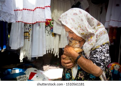 Sırınce Village / Izmir / Turkey, September 18, 2019, Sırınce Village In Cat Lover Old Woman