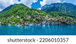 Village on the shore of Lake Thun, Canton of Bern, Switzerland