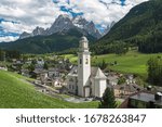 Village of Sexten or Sesto, Sextental or Valle di Sesto, Sexten Dolomites at the back, Sexten, Sesto,  South Tyrol, Italy