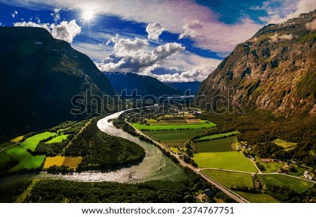 Village of Sunndalsora lies at the mouth of the river Driva at the beginning of the Sunndalsfjorden. Beautiful Nature Norway natural landscape.